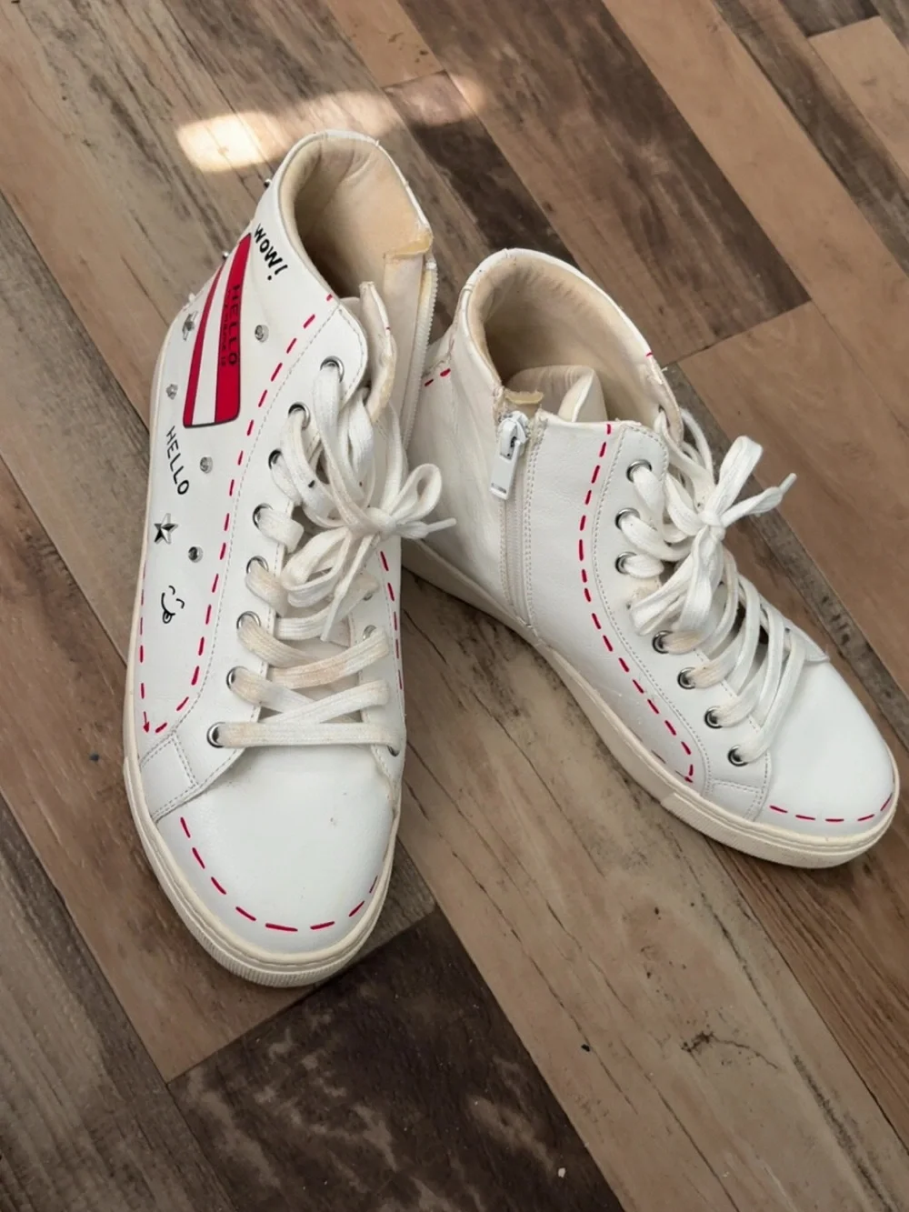 Aldo White High-Top Sneakers with Red Stitch Detailing